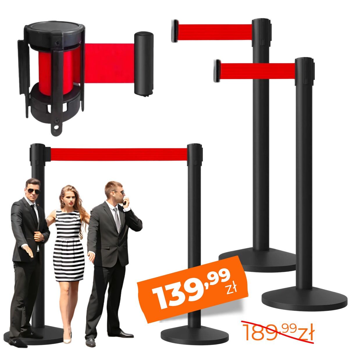 NN RCB 1 solidny czarny słupek odgradzający zestaw 2 szt. czerwona taśma barierka kolejkowa VIP