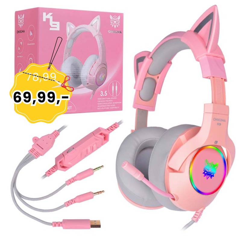 ONIKUMA K9 słuchawki gamingowe dla graczy PINK LED uszy kota
