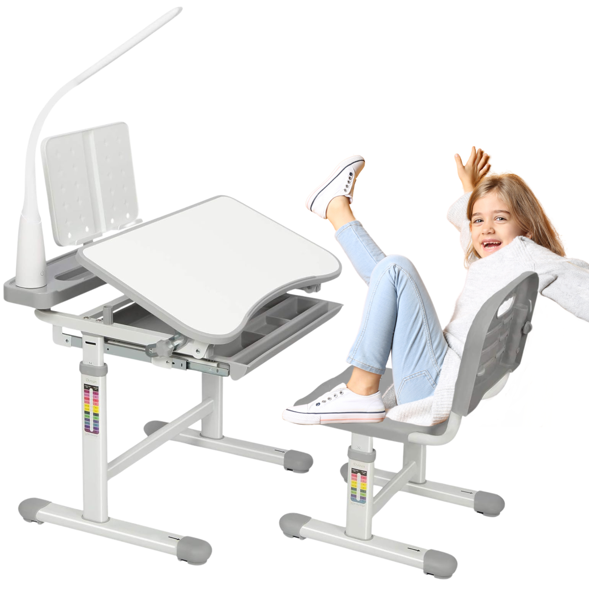 DH Line DESK 1 GY szare biurko dla dziecka z regulacją krzesło pulpit lampka LED haczyk szuflada przybornik zestaw