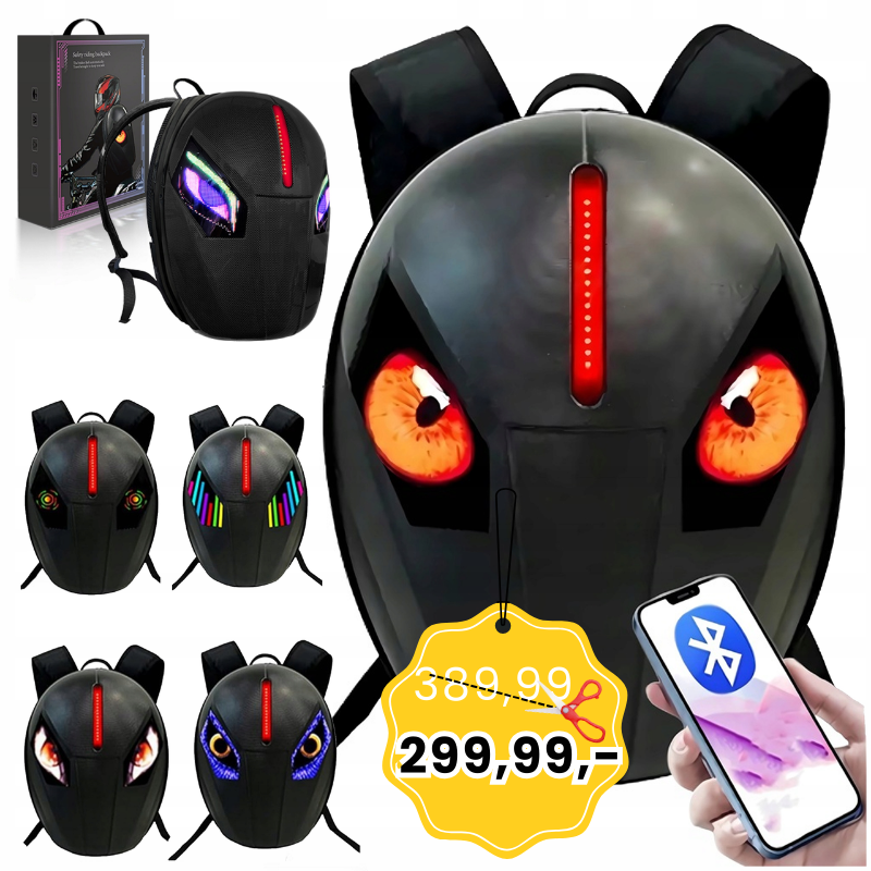 DH Style Cycling Backpack plecak rowerowy motocyklowy 2x ekran LED RGB oczy wodoodporny USB-A aplikacja Bluetooth