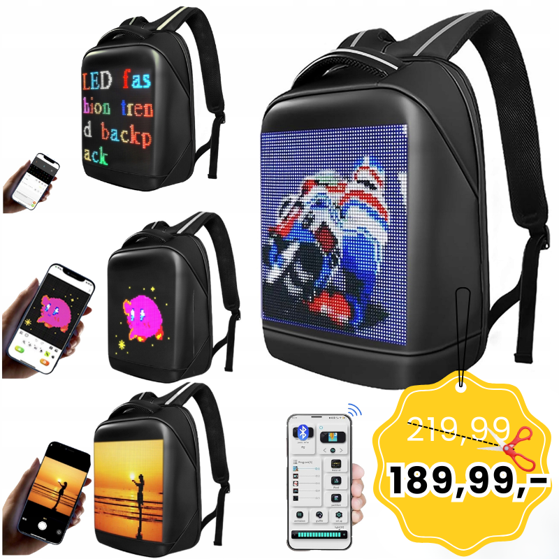 DH Style Led Backpack świecący plecak z ekranem LED RGB USB-A aplikacja Bluetooth 8 wbudowanych efektów wyświetlania