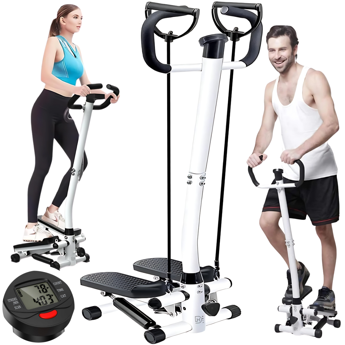 DH Line STEP 2 stepper prosty z kolumną i ramionami bateryjny linki do ćwiczeń licznik LCD regulacja olej smarujący zestaw