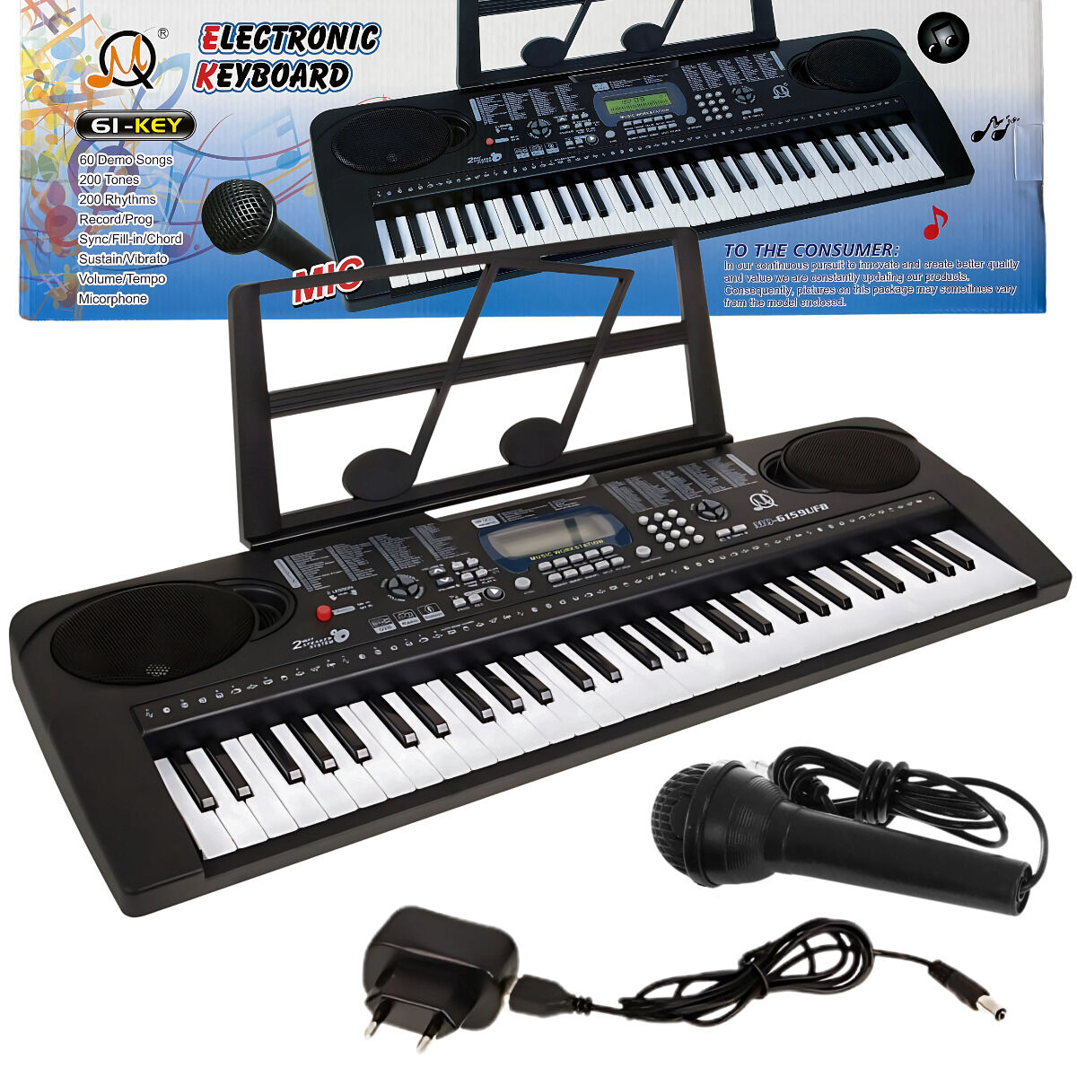 MQ 6159 UFB keyboard edukacyjny klawisze organy dla dzieci do nauki gry pulpit do nut mikrofon USB FM Bluetooth AUX wyjście słuchawkowe