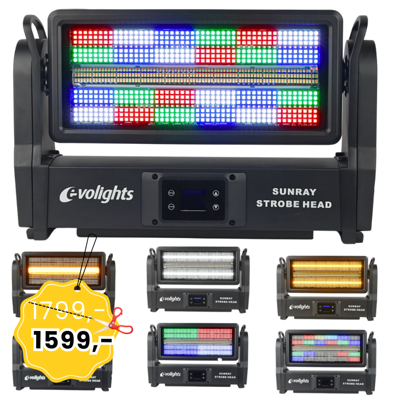 EVOLIGHTS SUNRAY STROBE HEAD ruchomy stroboskop sceniczny IP65 oświetlenie LED efekt świetlny 576x0,2W RGB SMD 5050+336x1W CW/A SMD 3030 2x uchwyt montażowy omega