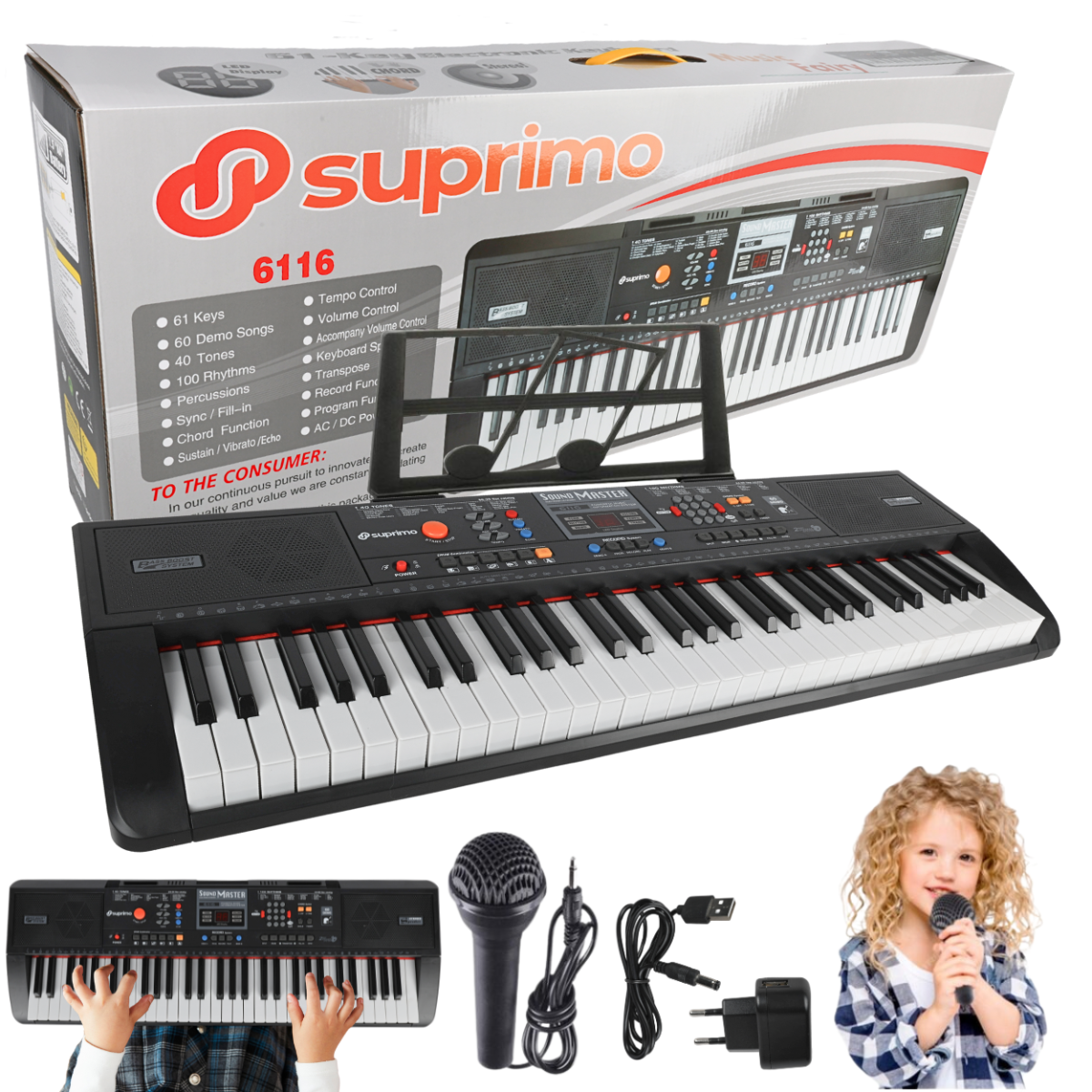SUPRIMO 6116 keyboard edukacyjny bateryjny klawisze organy dla dzieci do nauki gry pulpit do nut mikrofon zasilacz AUX wyjście słuchawkowe
