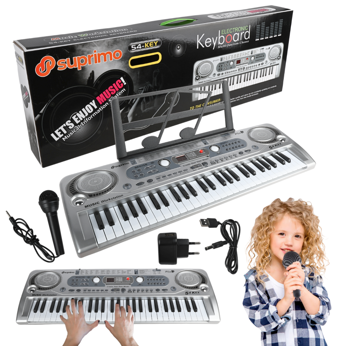 SUPRIMO 824 USB keyboard edukacyjny klawisze organy dla dzieci do nauki gry pulpit do nut mikrofon odtwarzacz MP3 AUX wyjście słuchawkowe
