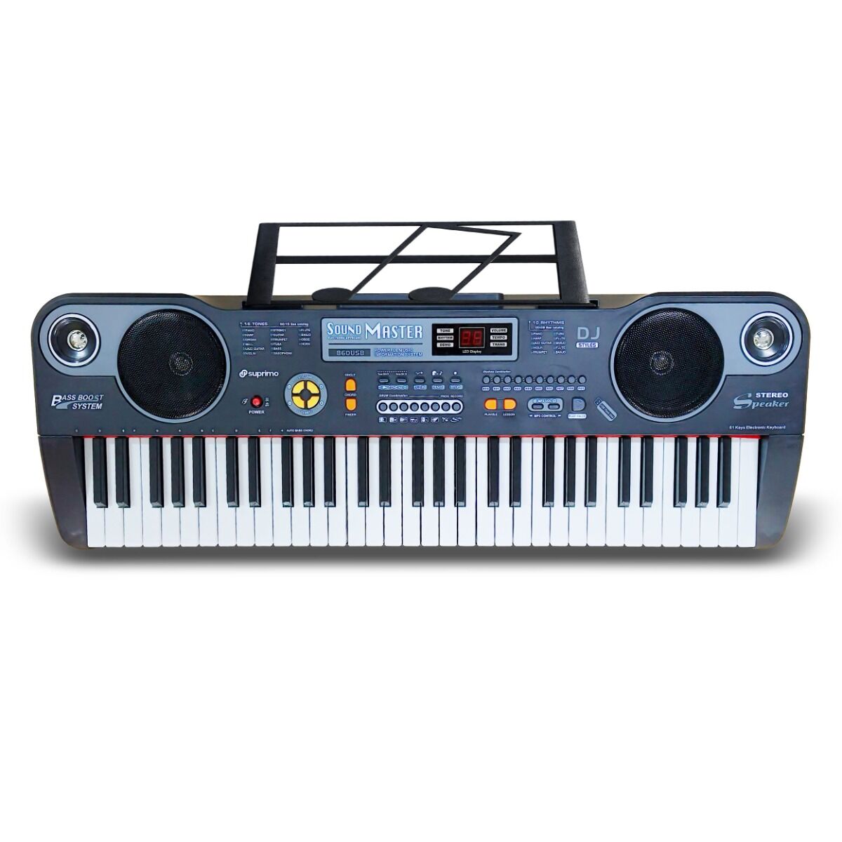 SUPRIMO 860 USB keyboard elektroniczny edukacyjny 61 klawiszy instrument dla dzieci do nauki gry pulpit do nut mikrofon odtwarzacz MP3 wbudowane głośniki stereo zestaw