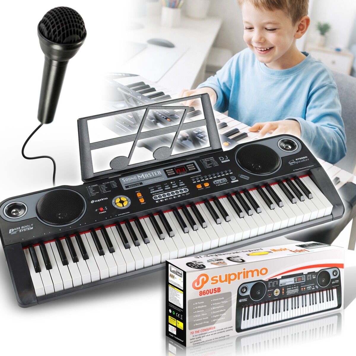 SUPRIMO 860 USB keyboard elektroniczny edukacyjny 61 klawiszy instrument dla dzieci do nauki gry pulpit do nut mikrofon odtwarzacz MP3 wbudowane głośniki stereo zestaw