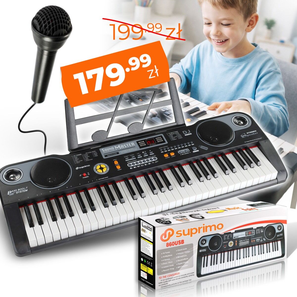 SUPRIMO 860 USB keyboard elektroniczny edukacyjny 61 klawiszy instrument dla dzieci do nauki gry pulpit do nut mikrofon odtwarzacz MP3 wbudowane głośniki stereo zestaw