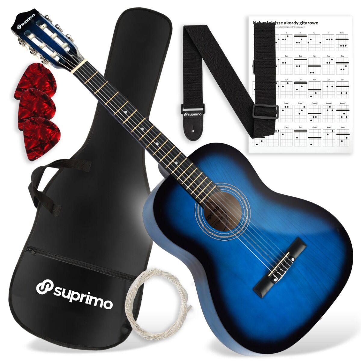 SUPRIMO CG34 BB gitara klasyczna 3/4 36 cali blueburst do nauki dla początkujących 2 zaczepy na pasek 3 kostki do gry pasek do gitary zapasowe struny pokrowiec transportowy akordy zestaw