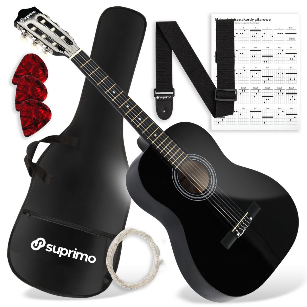 SUPRIMO CG34 BK gitara klasyczna 3/4 36 cali czarna do nauki dla początkujących 2 zaczepy na pasek 3 kostki do gry pasek do gitary zapasowe struny pokrowiec transportowy akordy zestaw