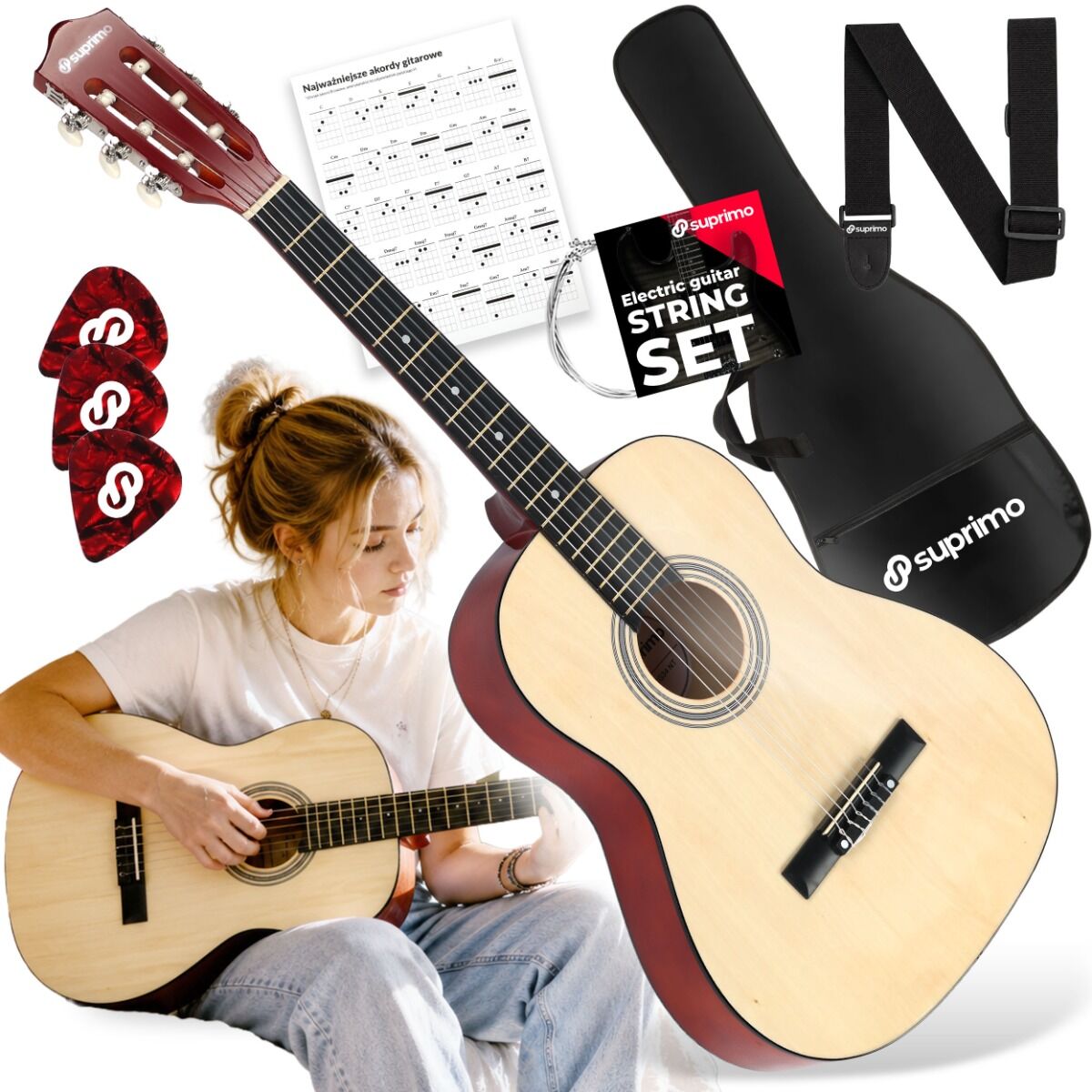 SUPRIMO CG34 NT gitara klasyczna 3/4 36 cali naturalna do nauki dla początkujących 2 zaczepy na pasek 3 kostki do gry pasek do gitary zapasowe struny pokrowiec transportowy akordy zestaw