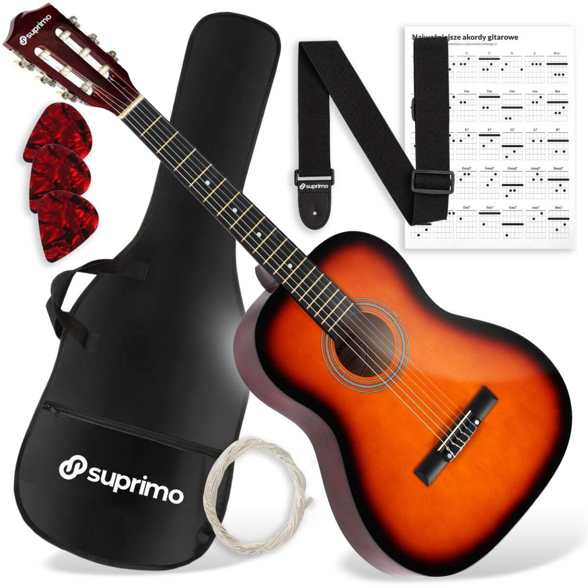 SUPRIMO CG34 SB gitara klasyczna 3/4 36 cali sunburst do nauki dla początkujących 2 zaczepy na pasek 3 kostki do gry pasek do gitary zapasowe struny pokrowiec transportowy akordy zestaw
