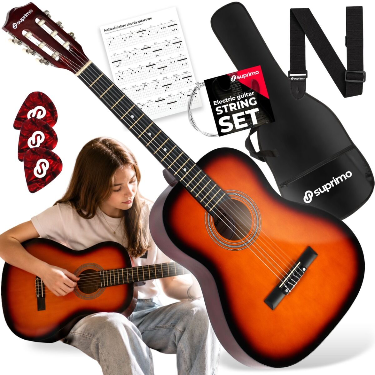 SUPRIMO CG34 SB gitara klasyczna 3/4 36 cali sunburst do nauki dla początkujących 2 zaczepy na pasek 3 kostki do gry pasek do gitary zapasowe struny pokrowiec transportowy akordy zestaw