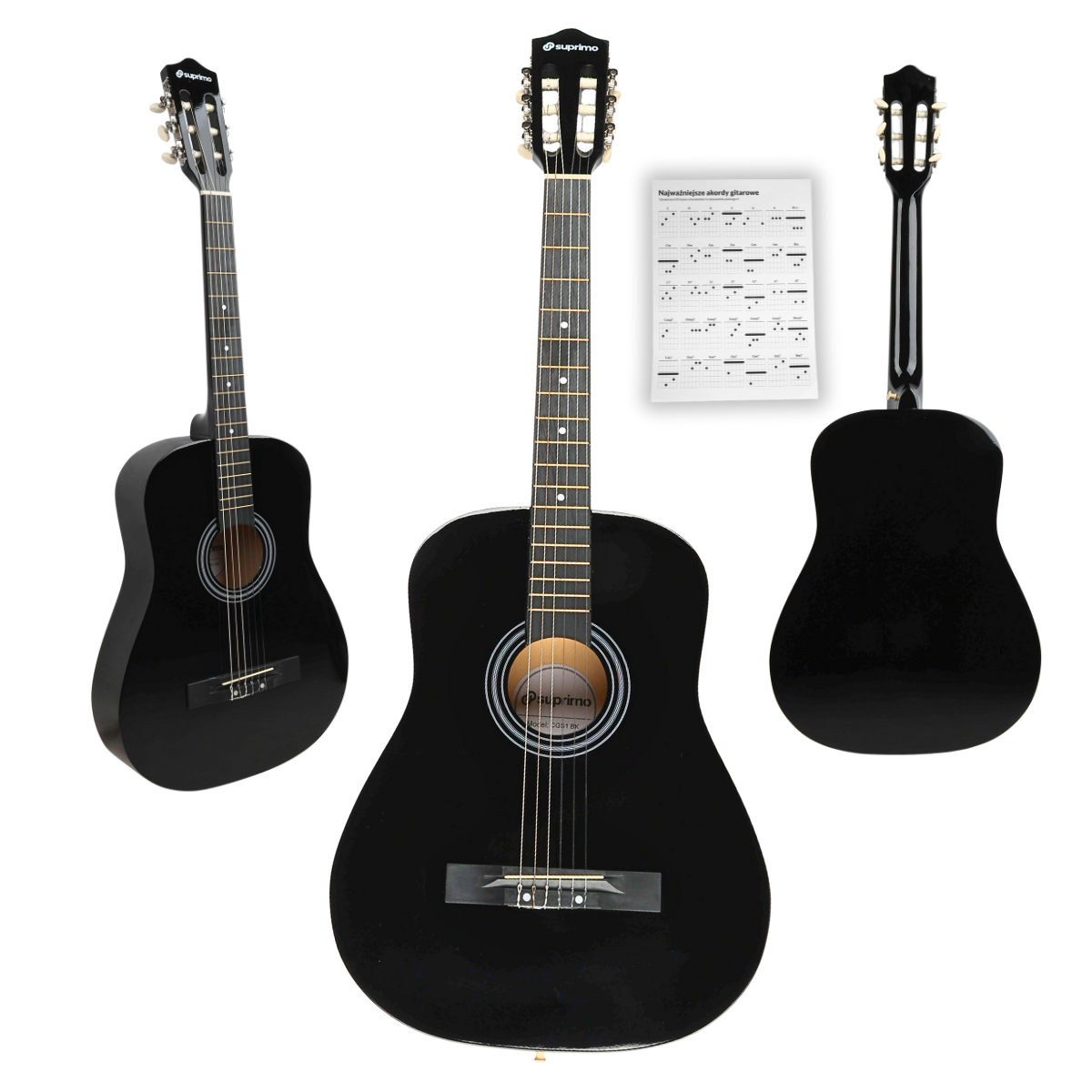SUPRIMO CGS1 BK gitara klasyczna 4/4 czarna do nauki dla początkujących akordy zestaw