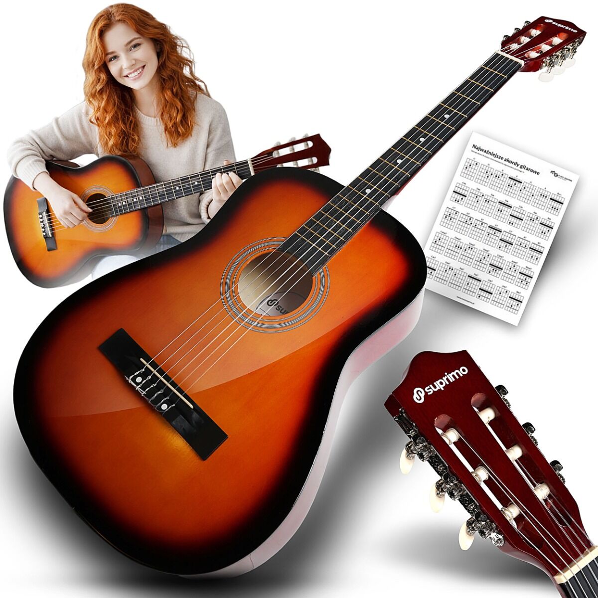 SUPRIMO CGS1 SB gitara klasyczna 4/4 sunburst do nauki dla początkujących akordy zestaw