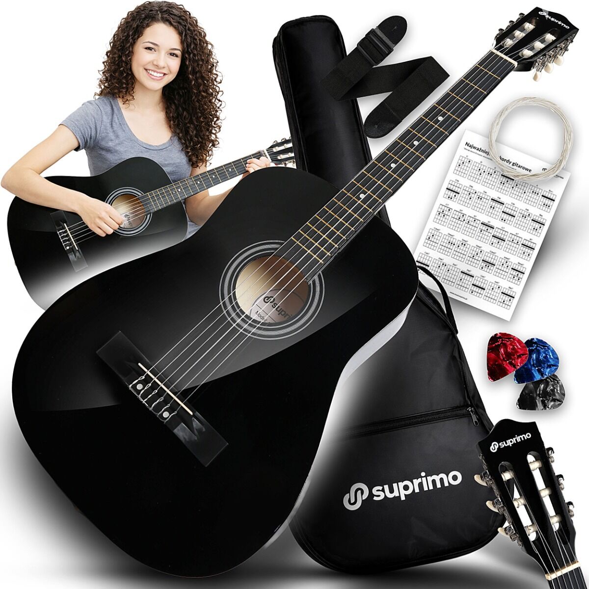 SUPRIMO CGS2 BK gitara klasyczna 4/4 czarna do nauki dla początkujących kostki pasek zapasowe struny pokrowiec akordy zestaw