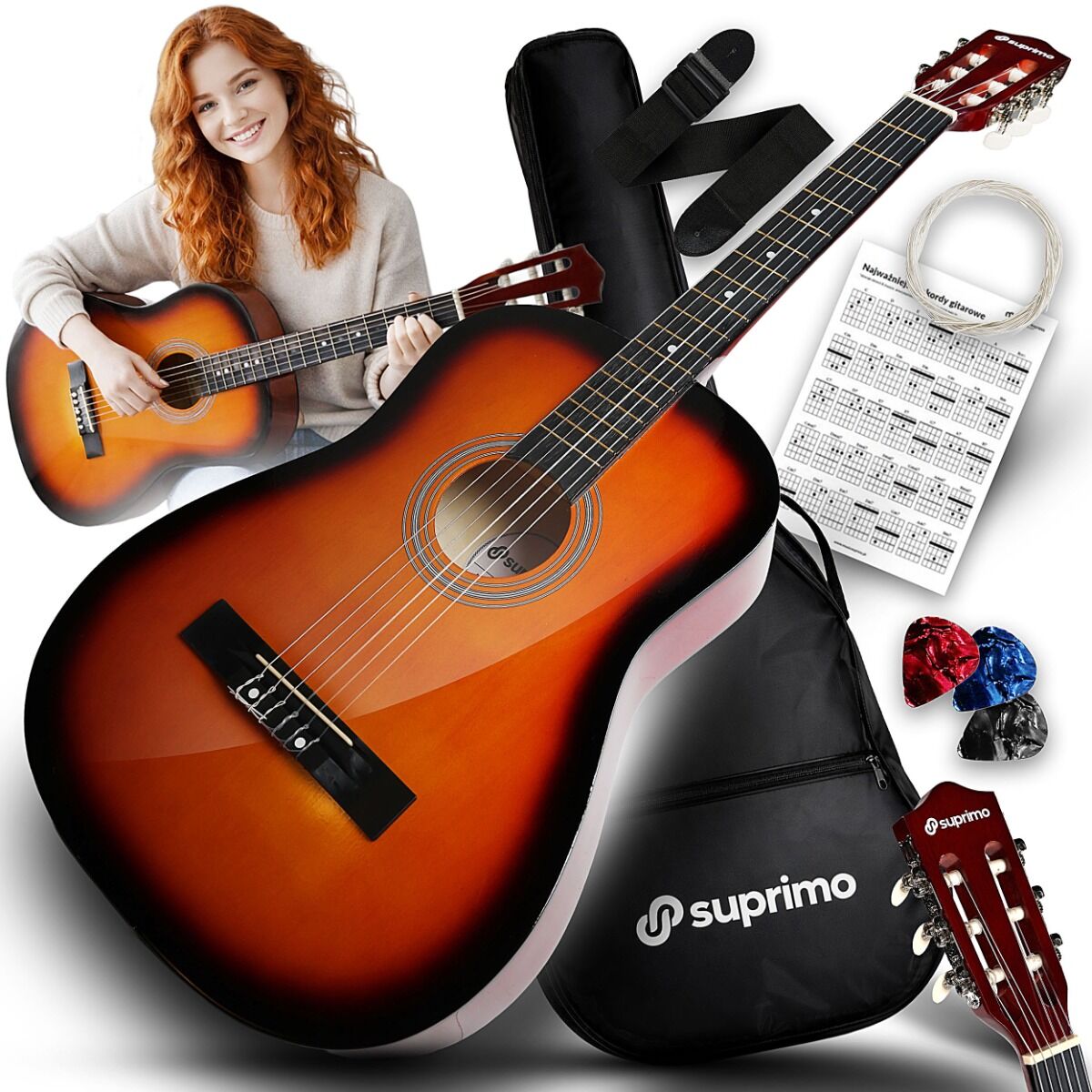 SUPRIMO CGS2 SB gitara klasyczna 4/4 sunburst do nauki dla początkujących kostki pasek zapasowe struny pokrowiec akordy zestaw