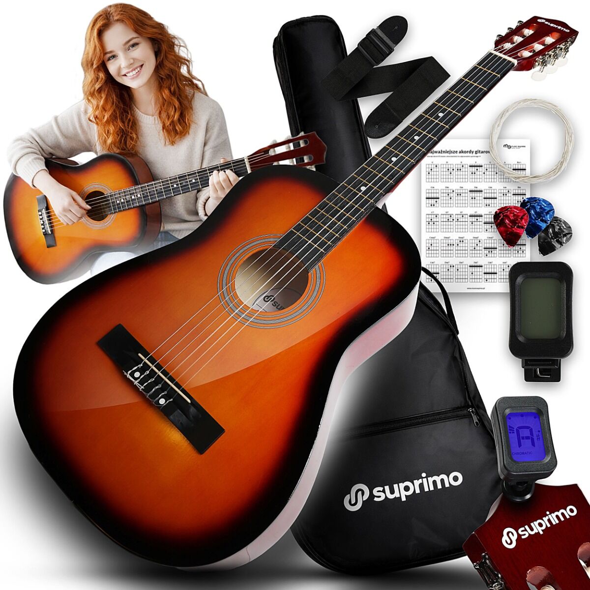 SUPRIMO CGS3 SB classical guitar 4/4 sunburst to learn for beginners tuner picks strap spare strings gig bag chords set
