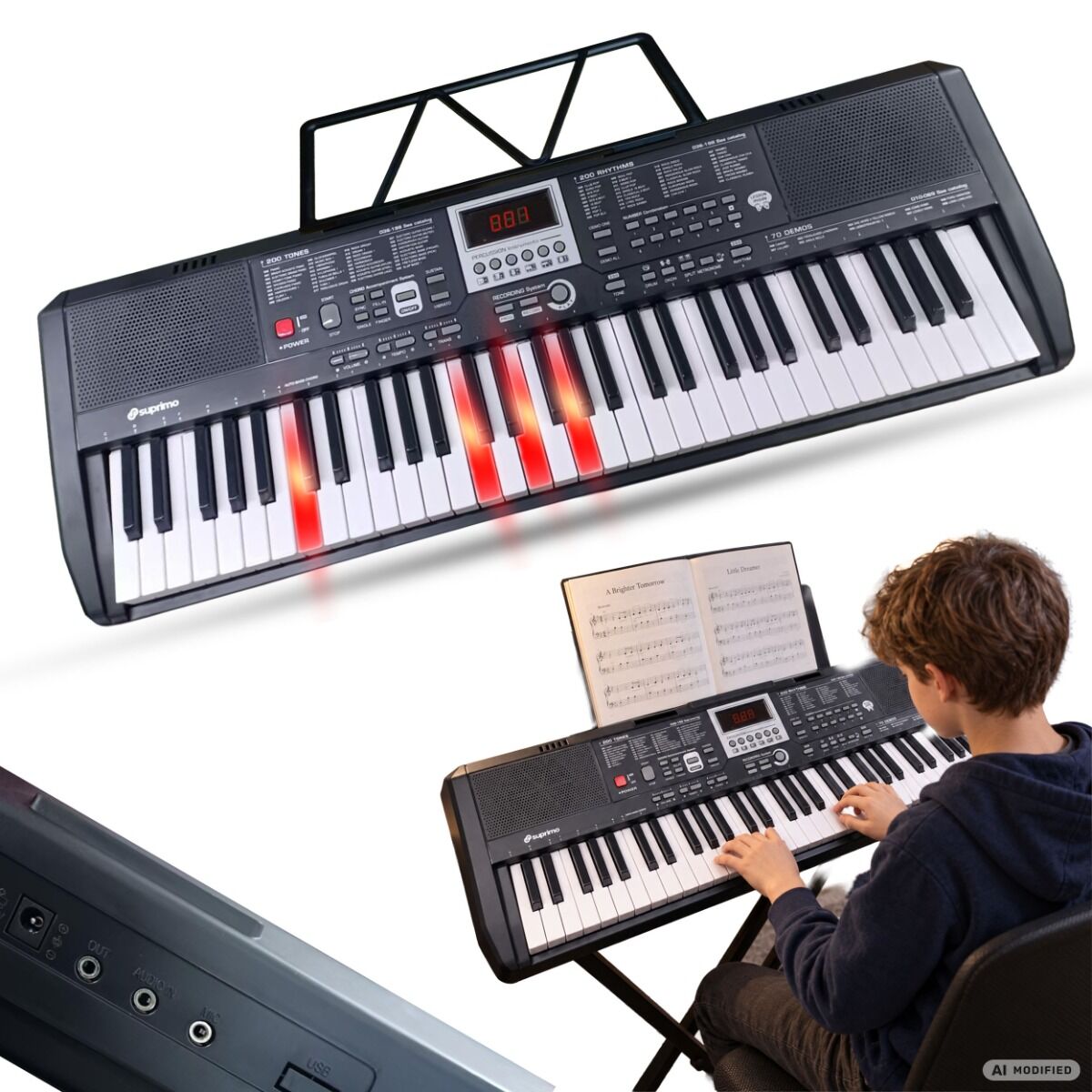 SUPRIMO EK61L keyboard elektroniczny edukacyjny przenośny 61 podświetlanych klawiszy pulpit do nut mikrofon naklejki głośniki wyjście słuchawkowe