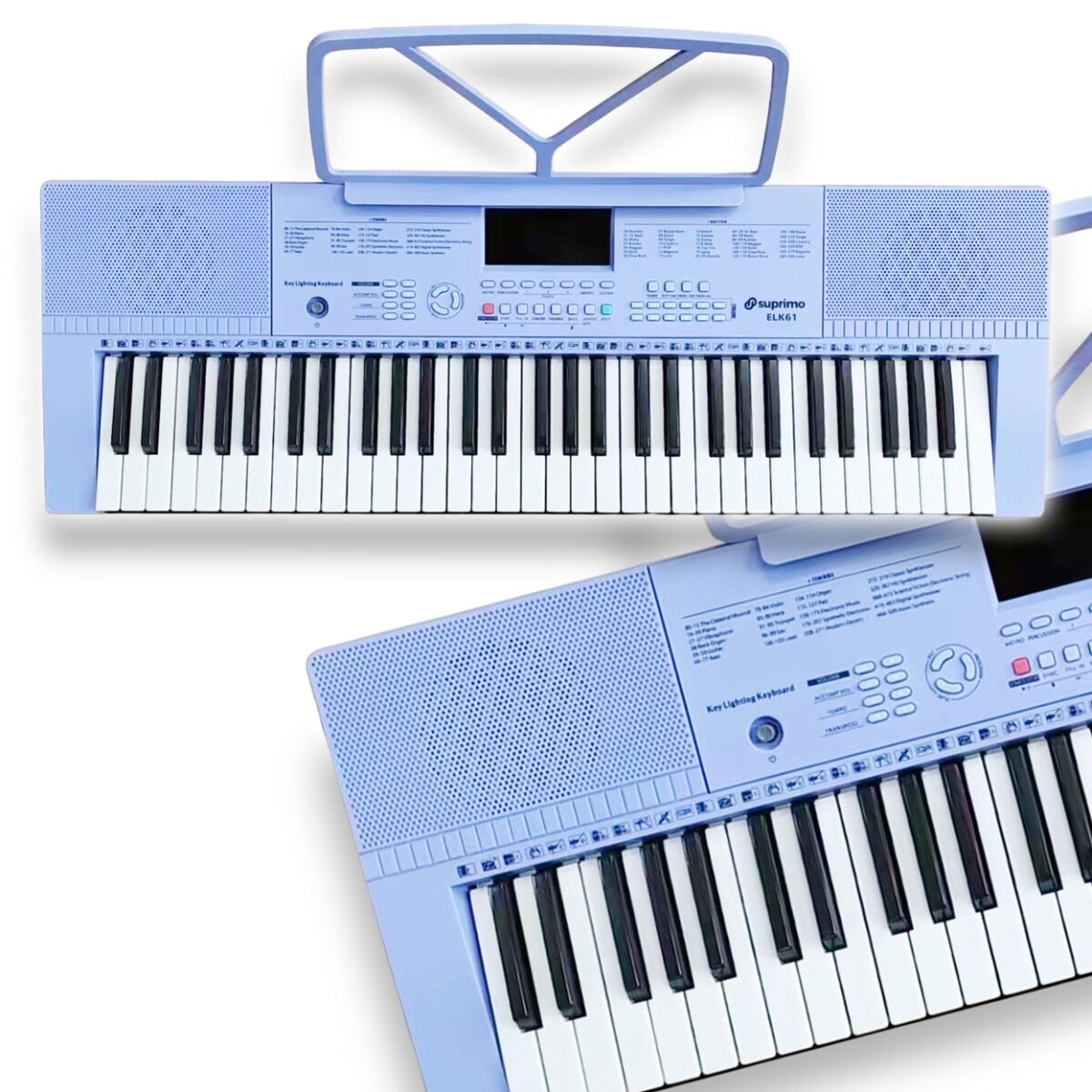 SUPRIMO ELK61 keyboard elektroniczny edukacyjny fioletowy 61 klawiszy podświetlana klawiatura instrument dla dzieci do nauki gry pulpit do nut mikrofon wbudowane głośniki stereo wyjście słuchawkowe zestaw