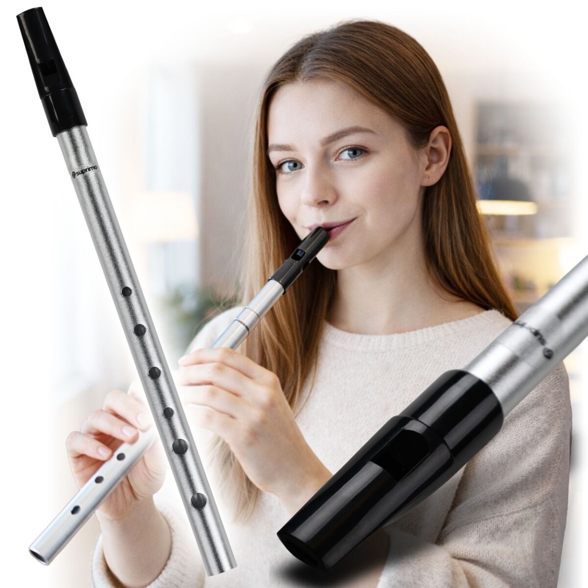 SUPRIMO FLT1 flażolet tin whistle flecik polski srebrny tonacja D osłona ochronna etui książeczki do nauki gry