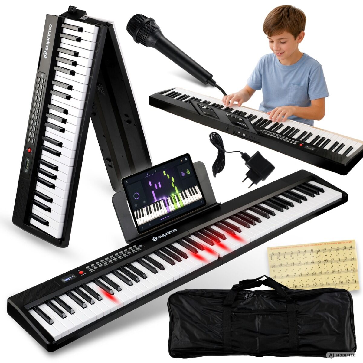 SUPRIMO FP-887 BK pianino cyfrowe przenośne składane czarne 88 dynamicznych podświetlanych klawiszy Bluetooth MP3 mikrofon pulpit do nut torba transportowa naklejki edukacyjne zestaw