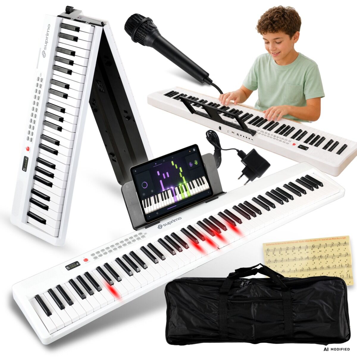 SUPRIMO FP-887 WH pianino cyfrowe przenośne składane białe 88 dynamicznych podświetlanych klawiszy Bluetooth MP3 mikrofon pulpit do nut torba transportowa naklejki edukacyjne zestaw