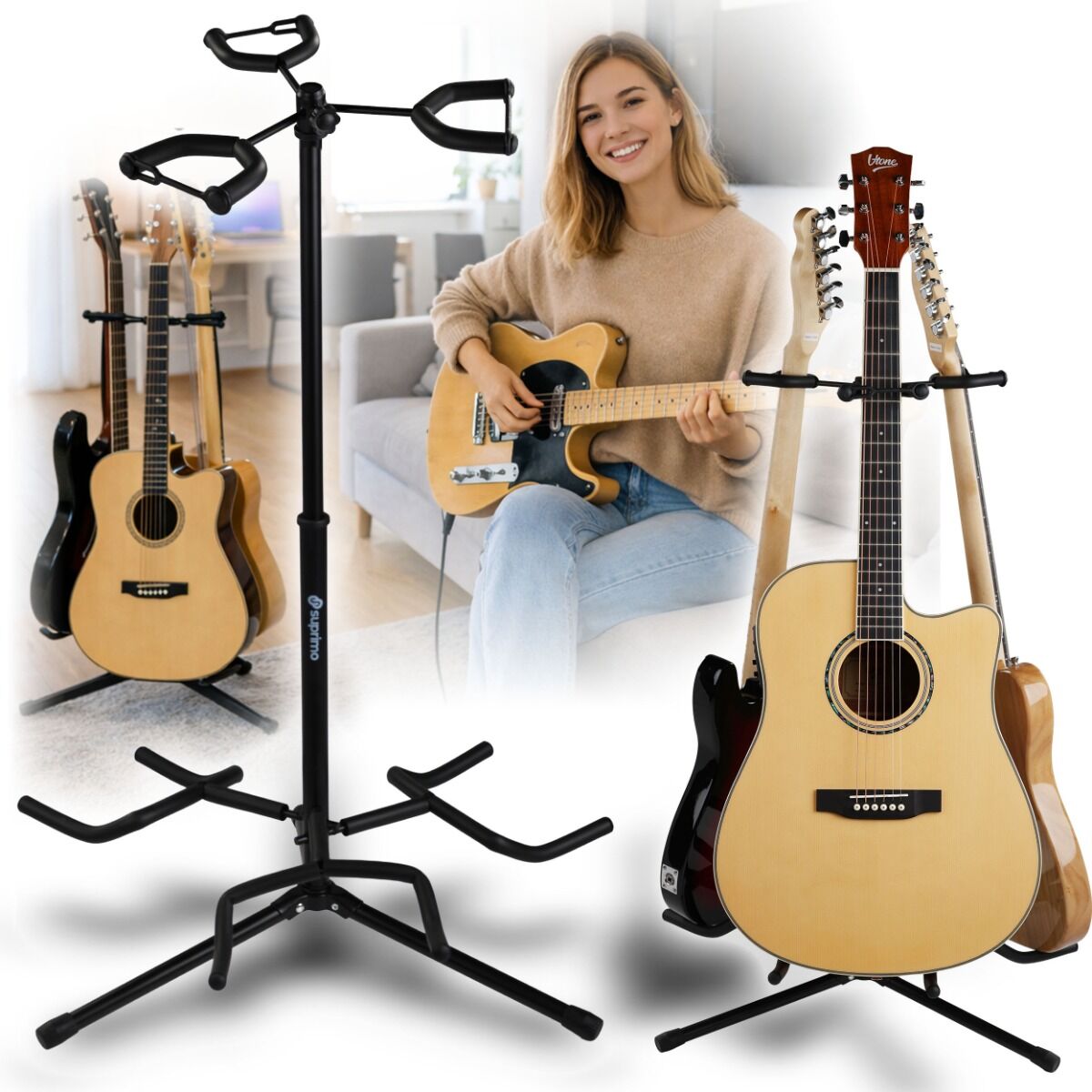 SUPRIMO GS3 stojak statyw gitarowy na 3 gitary czarny składany stalowy wolnostojący do 30 kg
