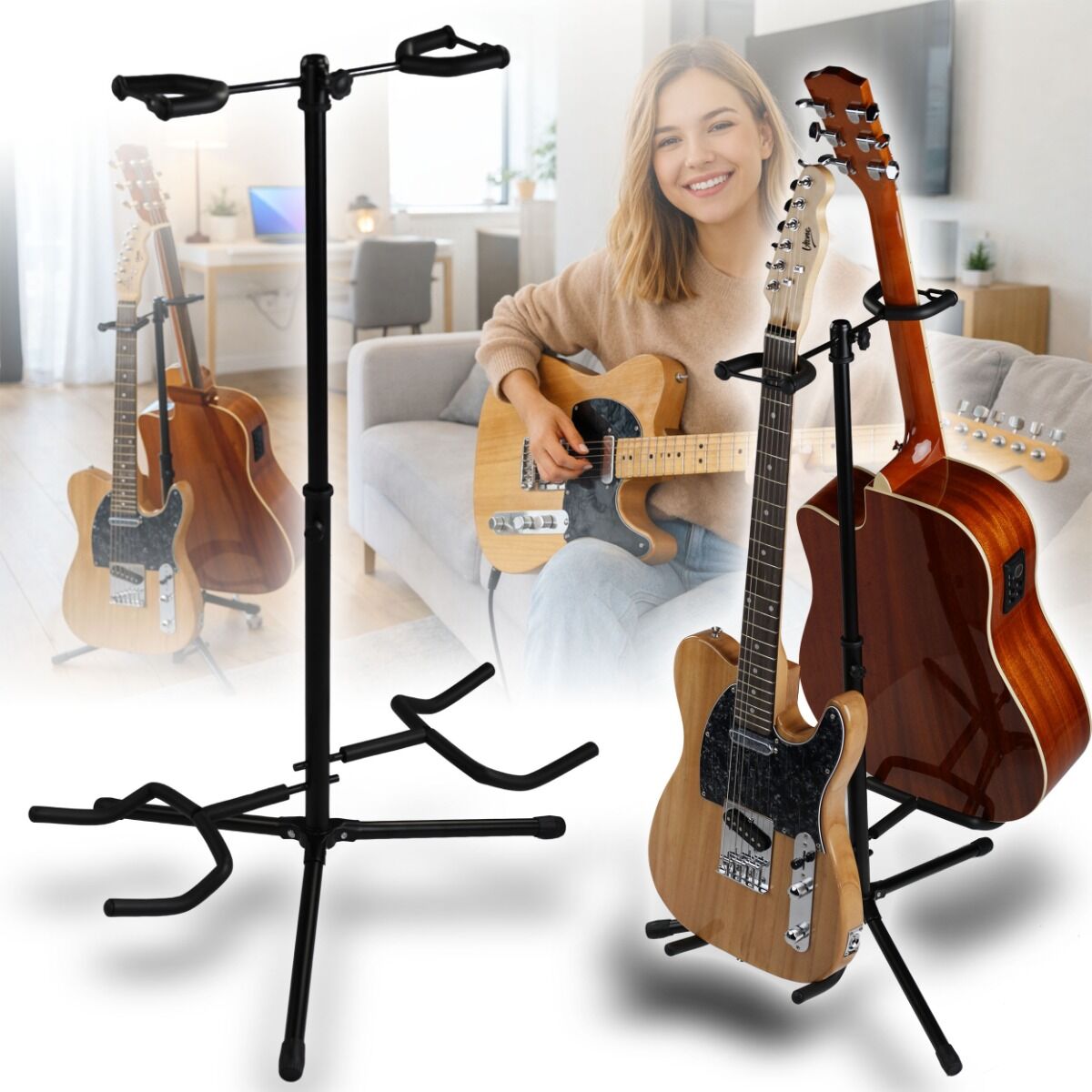 SUPRIMO GS4 stojak statyw gitarowy na 2 gitary czarny składany stalowy wolnostojący do 30 kg