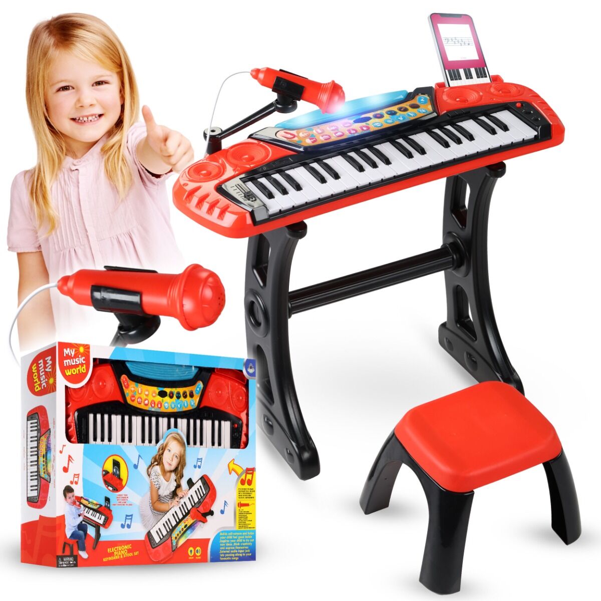 SUPRIMO IDA keyboard edukacyjny elektroniczny bateryjny organy pianino do nauki dla dzieci stołek mikrofon uchwyt mikrofonowy zestaw