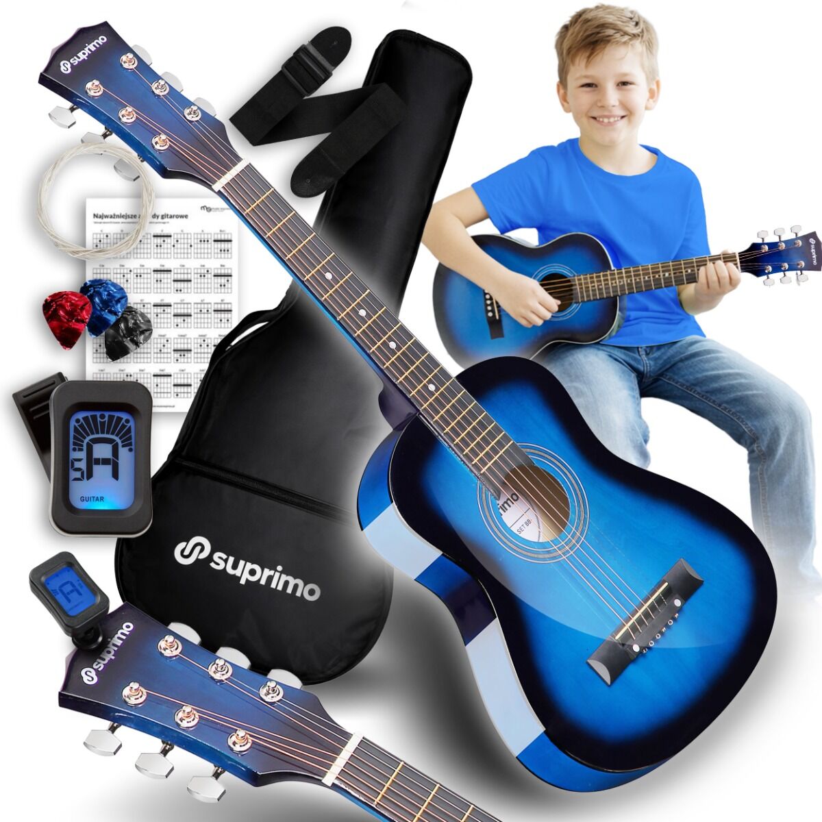 SUPRIMO JRA SET BB gitara akustyczna 1/4 blueburst do nauki dla początkujących 3x kostka do gry pasek zapasowe struny pokrowiec tuner akordy zestaw