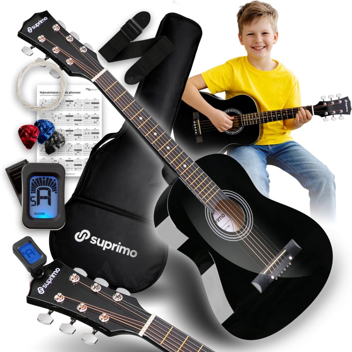 SUPRIMO JRA SET BK gitara akustyczna 1/4 czarna do nauki dla początkujących 3x kostka do gry pasek zapasowe struny pokrowiec tuner akordy zestaw