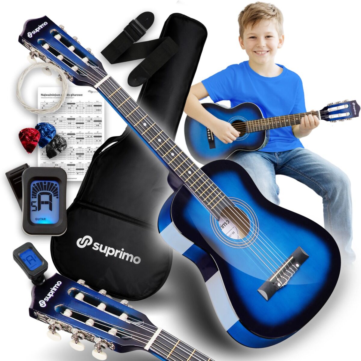 SUPRIMO JRC SET BB gitara klasyczna 1/4 blueburst do nauki dla początkujących 3x kostka do gry pasek zapasowe struny pokrowiec tuner akordy zestaw