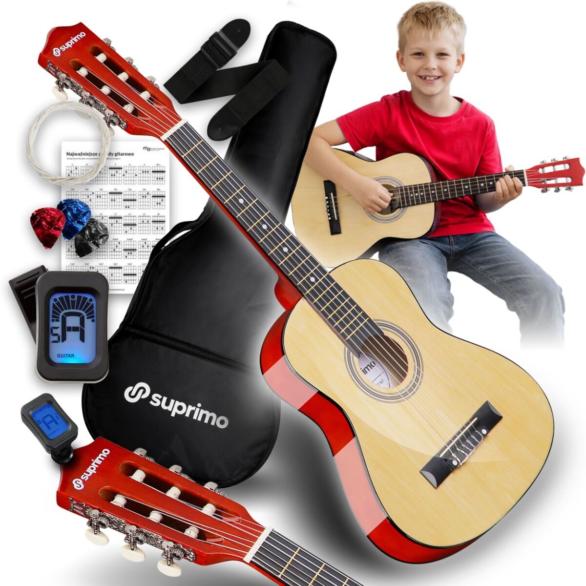 SUPRIMO JRC SET NT gitara klasyczna 1/4 naturalna do nauki dla początkujących 3x kostka do gry pasek zapasowe struny pokrowiec tuner akordy zestaw