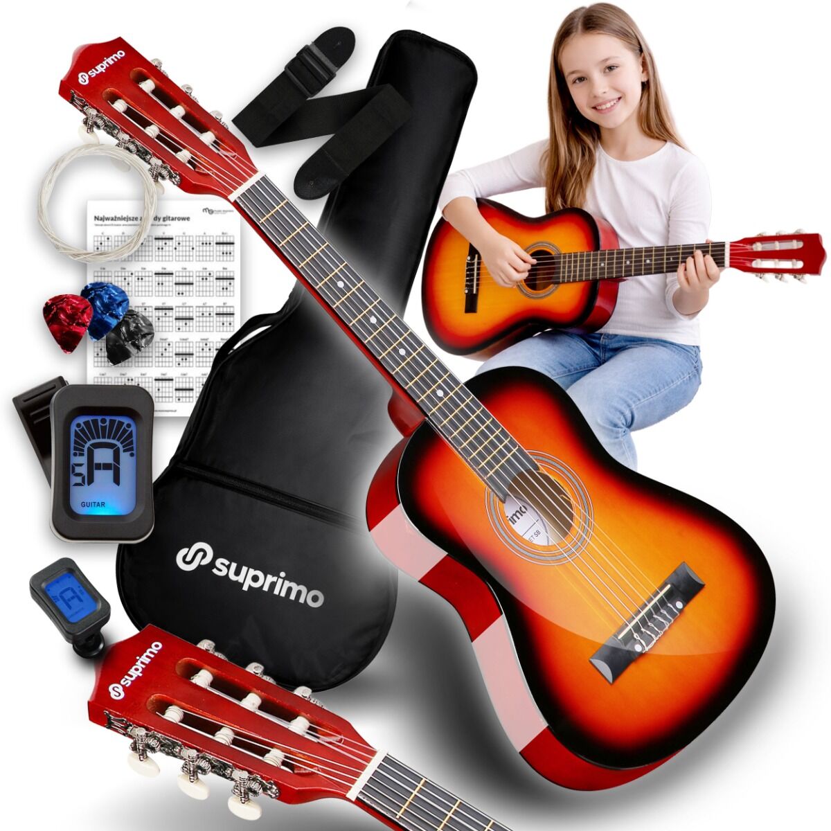 SUPRIMO JRC SET SB gitara klasyczna 1/4 sunburst do nauki dla początkujących 3x kostka do gry pasek zapasowe struny pokrowiec tuner akordy zestaw