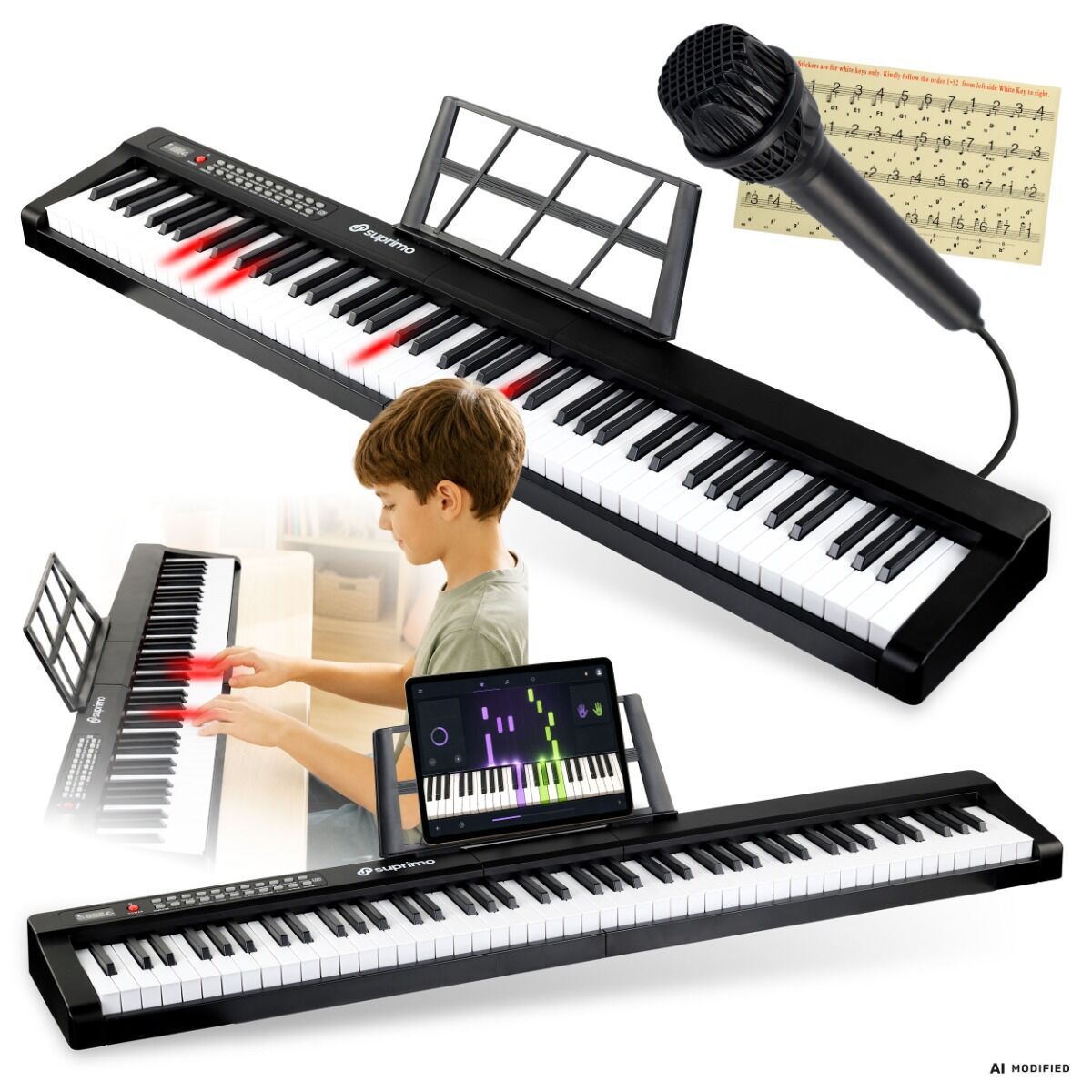 SUPRIMO P-881 BK pianino cyfrowe przenośne czarne 88 dynamicznych podświetlanych klawiszy Bluetooth MP3 mikrofon pulpit do nut naklejki edukacyjne zestaw