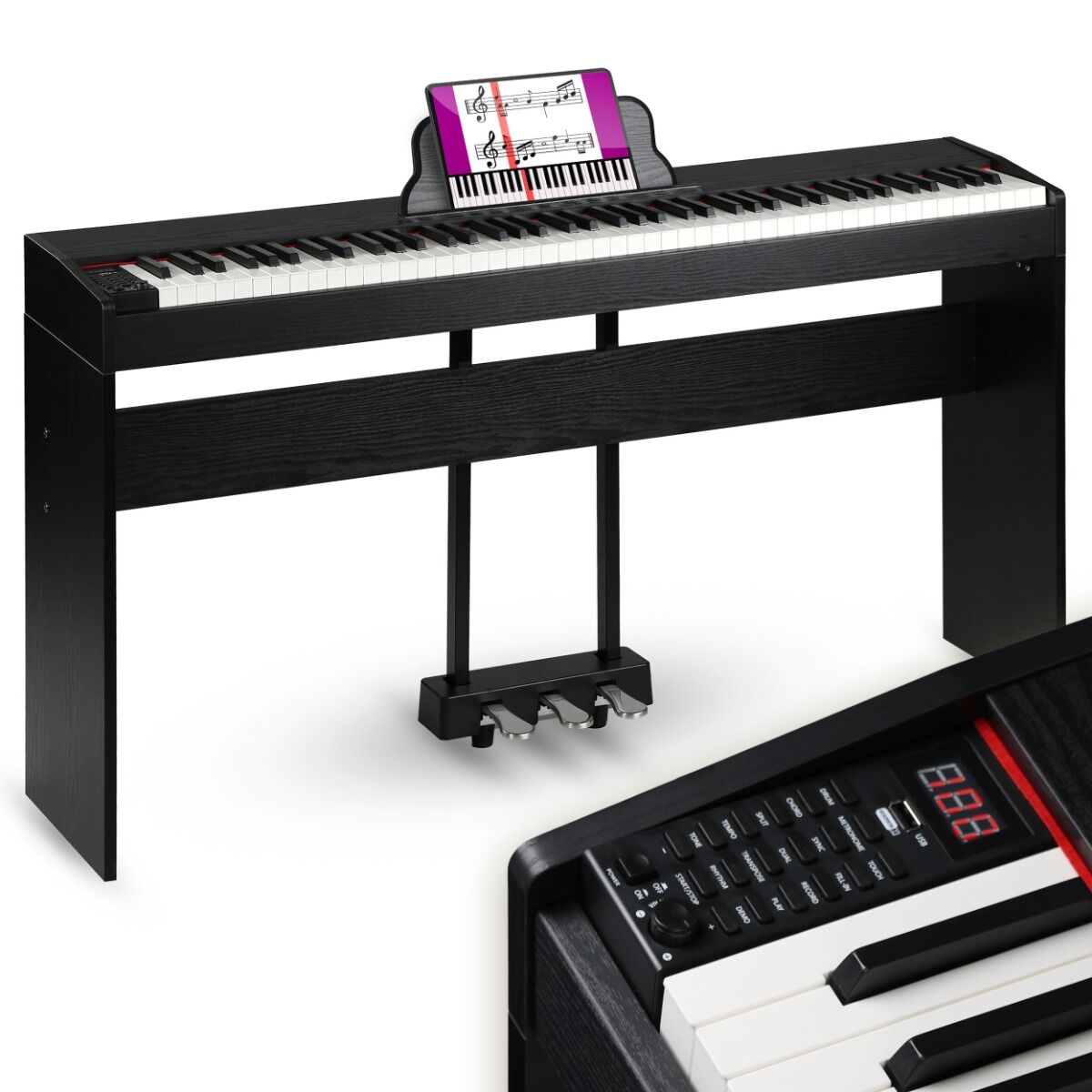 SUPRIMO SDP88 BK pianino cyfrowe stacjonarne czarne ważone klawisze progresywna klawiatura młoteczkowa MIDI wyjście słuchawkowe pulpit do nut zestaw 3 pedałów wbudowane głośniki 2x10W stereo