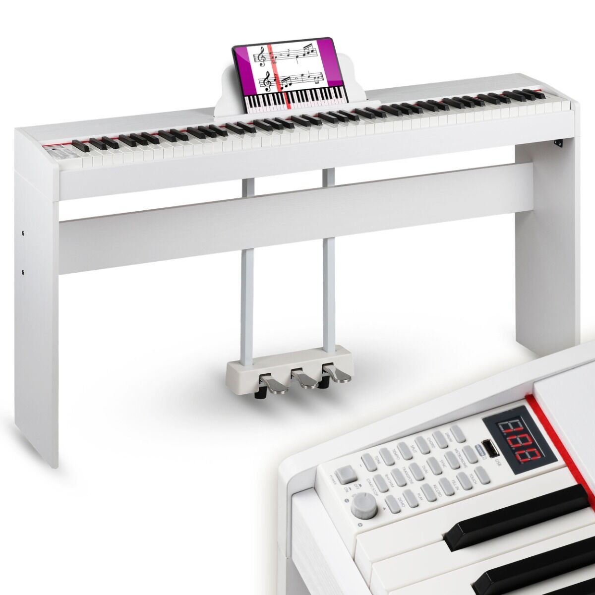 SUPRIMO SDP88 WH pianino cyfrowe stacjonarne białe ważone klawisze progresywna klawiatura młoteczkowa MIDI wyjście słuchawkowe pulpit do nut zestaw 3 pedałów wbudowane głośniki 2x10W stereo
