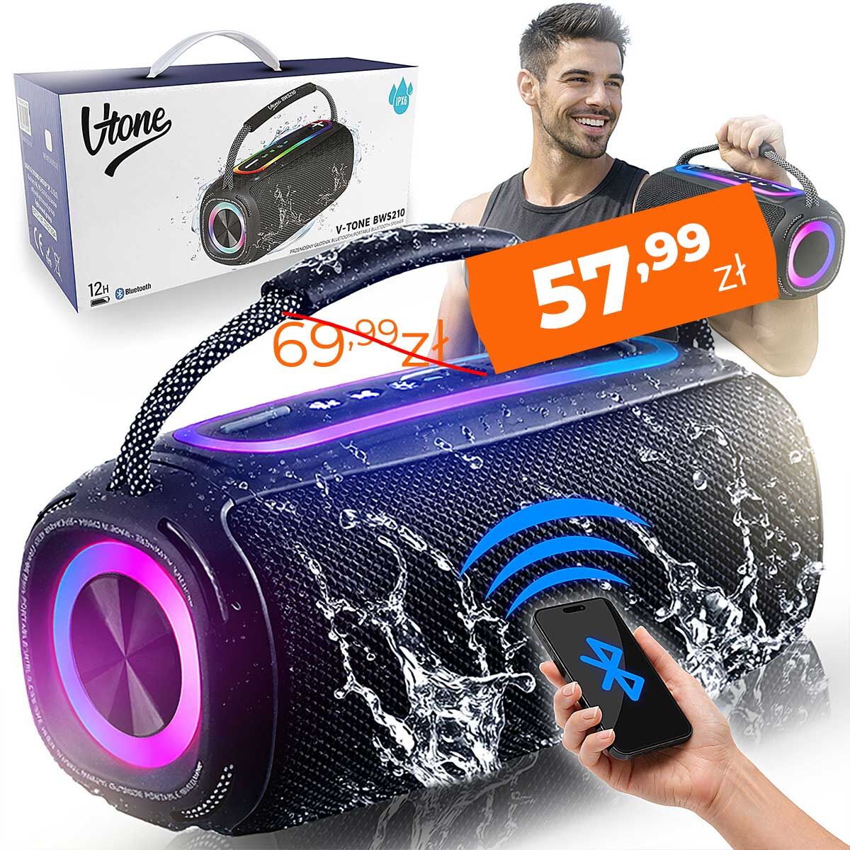 V-TONE BWS210 BK głośnik Bluetooth bezprzewodowy przenośny czarny akumulatorowy USB microSD AUX MP3 FM 2x10W