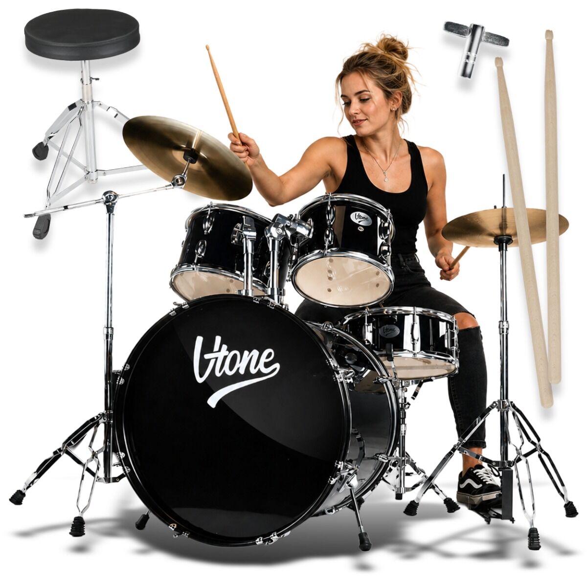 V-TONE AD KIT 1 BK perkusja akustyczna czarna zestaw perkusyjny 5-częściowy hardware klucz regulacyjny pałeczki stołek