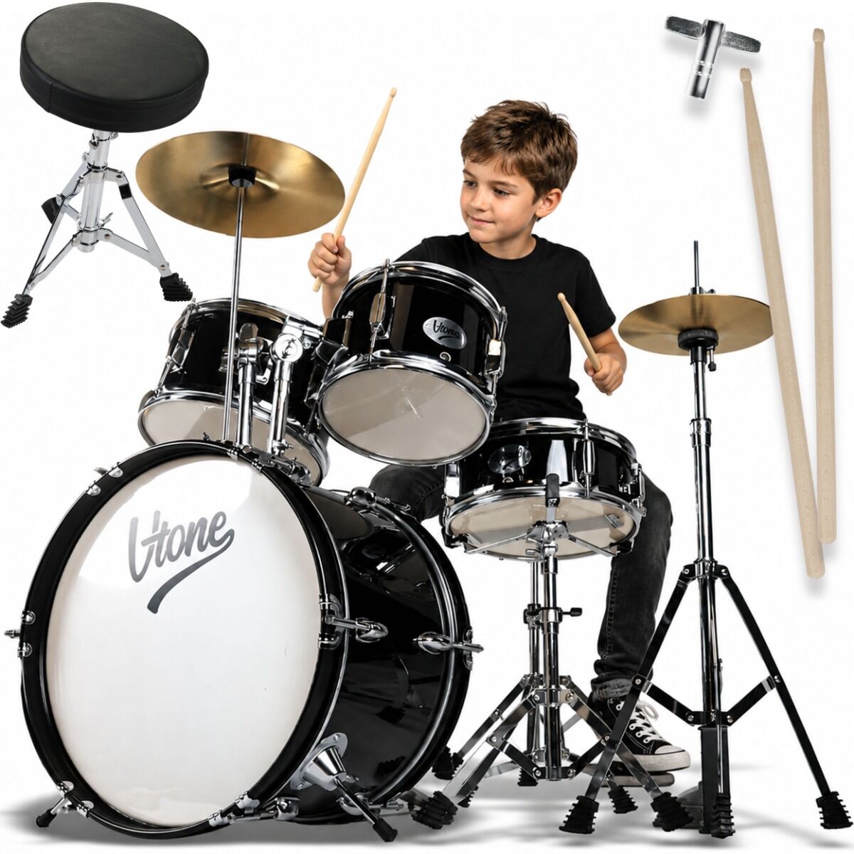V-TONE ADJR 1 BK perkusja akustyczna junior czarna zestaw perkusyjny 5-częściowy hardware klucz regulacyjny pałeczki stołek