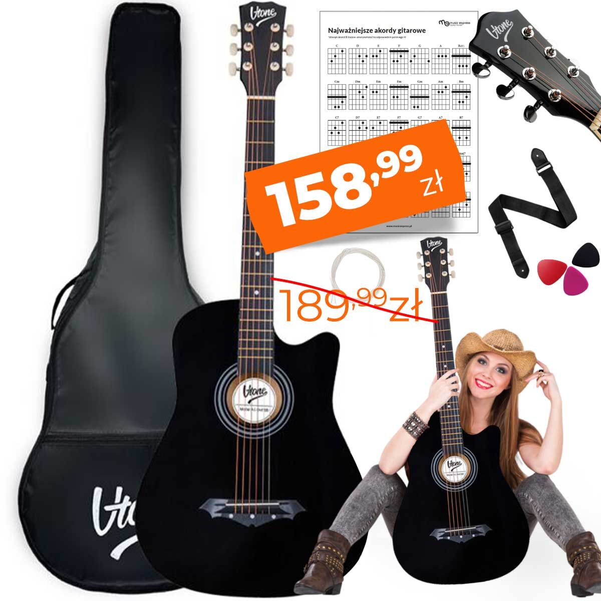 V-TONE AG ONE BK gitara akustyczna 4/4 czarna do nauki dla początkujących kostki pasek zapasowe struny pokrowiec akordy zestaw