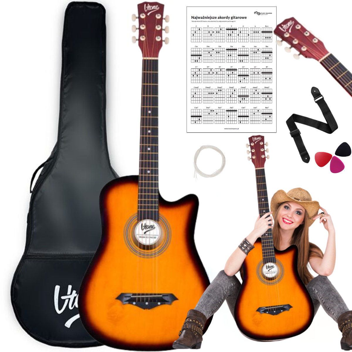 V-TONE AG ONE SB gitara akustyczna 4/4 sunburst do nauki dla początkujących kostki pasek zapasowe struny pokrowiec akordy zestaw