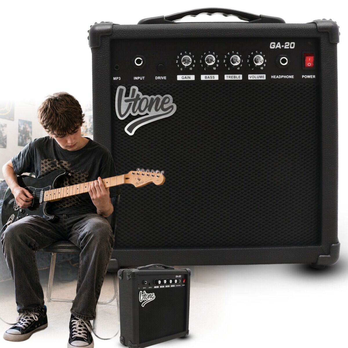 V-TONE AMP20 combo gitarowe wzmacniacz 20W do gitary elektrycznej tranzystorowy czarny efekt drive EQ AUX wyjście słuchawkowe