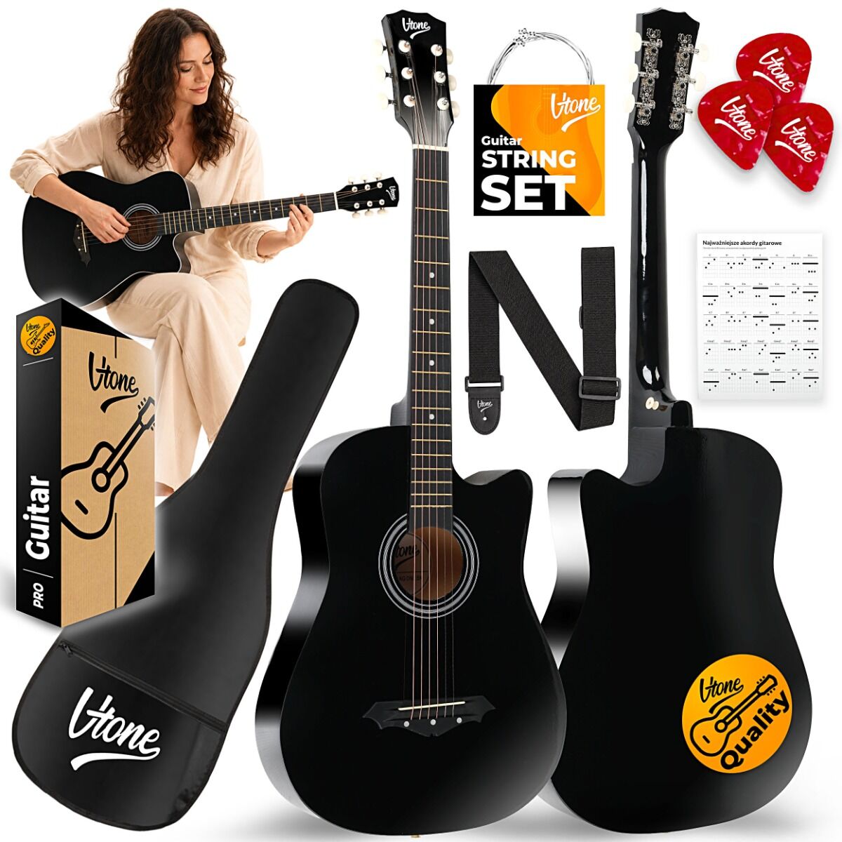 V-TONE AG ONE BK gitara akustyczna 4/4 czarna do nauki dla początkujących kostki pasek zapasowe struny pokrowiec akordy zestaw