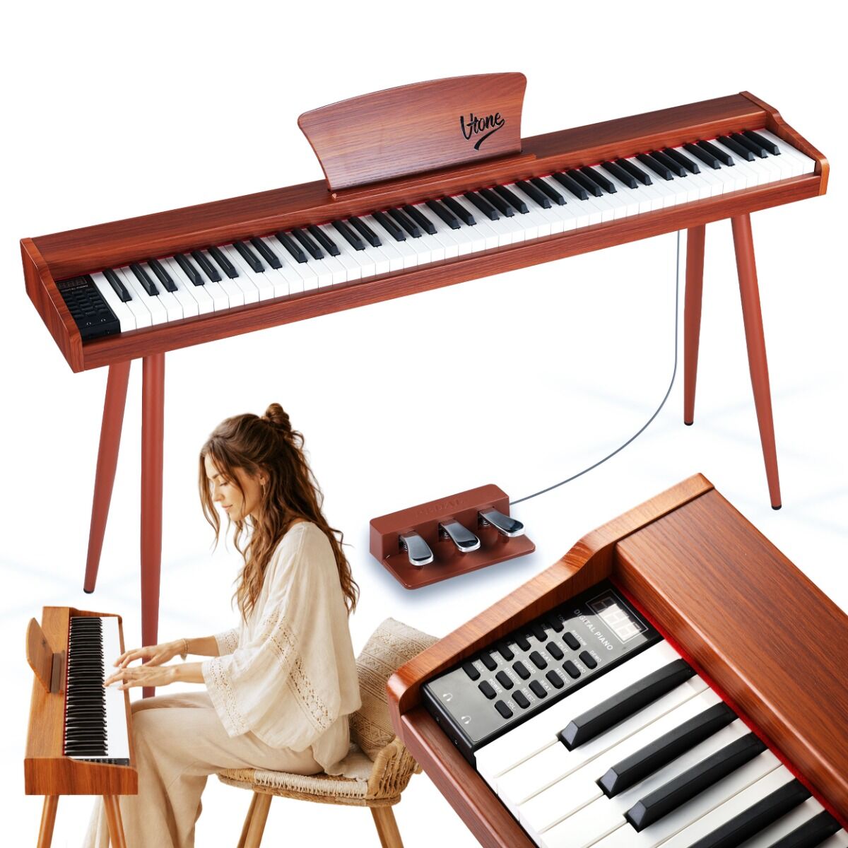 V-TONE BL-130 pianino cyfrowe czteronożne brązowe wolnostojące 88 klawiszy Bluetooth MIDI pulpit do nut 3 pedały pianinowe zasilanie sieciowe wbudowane głośniki 3x wyjście słuchawkowe wejście audio zestaw