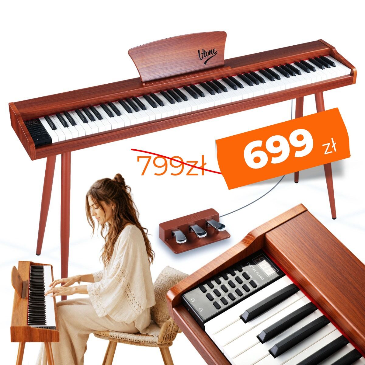V-TONE BL-130 pianino cyfrowe czteronożne brązowe wolnostojące 88 klawiszy Bluetooth MIDI pulpit do nut 3 pedały pianinowe zasilanie sieciowe głośniki 3x wyjście słuchawkowe wejście audio zestaw