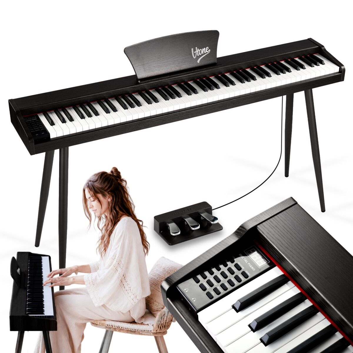 V-TONE BL-130 BK pianino cyfrowe czteronożne czarne wolnostojące 88 klawiszy Bluetooth MIDI pulpit do nut 3 pedały pianinowe zasilanie sieciowe wbudowane głośniki 3x wyjście słuchawkowe wejście audio zestaw