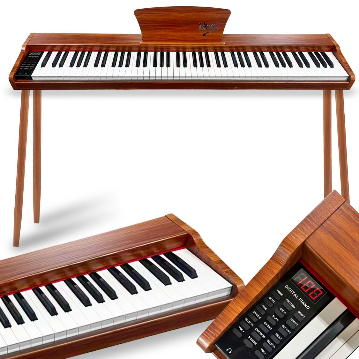 V-TONE BL-130 pianino cyfrowe czteronożne brązowe wolnostojące 88 klawiszy Bluetooth MIDI pulpit do nut pedał sustain zasilanie sieciowe wbudowane głośniki 3x wyjście słuchawkowe wejście audio zestaw